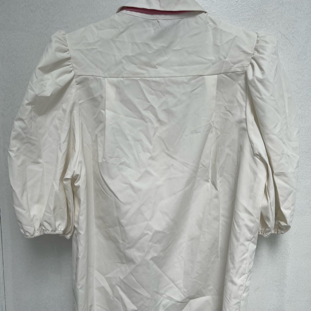Sister Jane White Puff Sleeve Button-Up Blouse with Pink Embroidered Collar - Picture 4 of 4